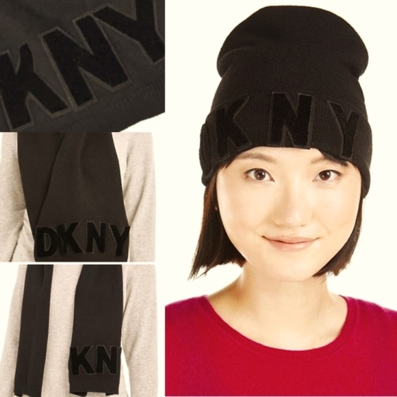 (NWT) DKNY Women's 2 Pc. Black Logo Velvet Flocked Flat Knit Scarf & Beanie Set - Picture 1 of 10